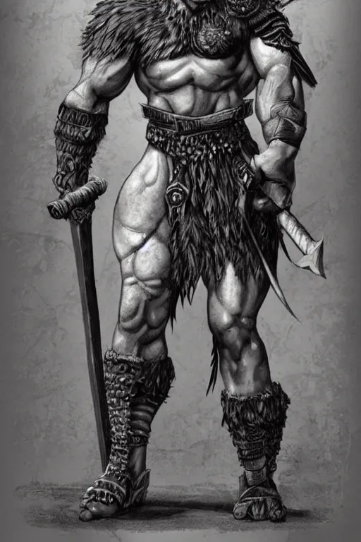 Image similar to full body shot of a muscular barbarian with a mohawk, fantasy art