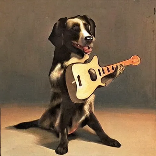 Prompt: dog playing a guitar, cool, rad, amazing, realistic