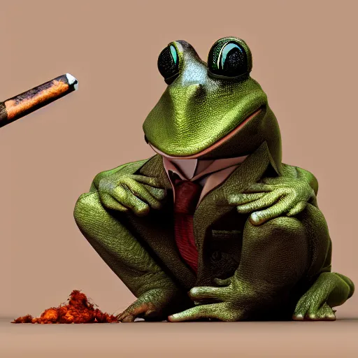 Image similar to a high quality photo of an antropomorphic frog wearing a suit smoking a cigar cigar cigar cigar, 3d scene, render, ultra realistic, artstation, cgsociety