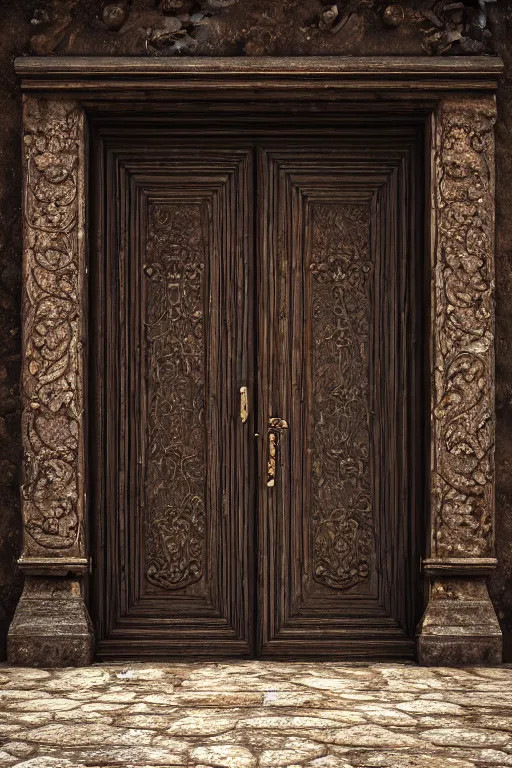 Image similar to a huge old weathered dark brown wooden door with shiny metallic rush plant ornaments, ornate, fantasy, photorealistic, realistic, octane render, volumetric light, high definition, ultra detailed, tranding on artstation, midjourney