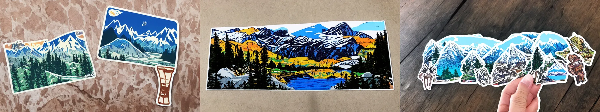 Prompt: lakeside mountains, sticker art