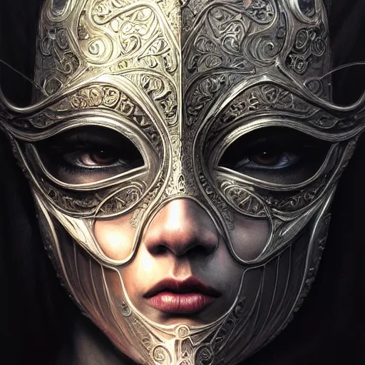 Image similar to Very very very very highly detailed epic photo of face with venetian mask, intricate, dystopian, sci-fi, extremely detailed, digital painting, artstation, concept art, smooth, sharp focus, illustration, intimidating lighting, incredible art by Brom