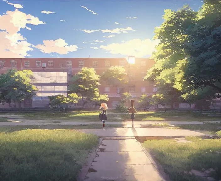 Image similar to a school building peaceful and serene incredible perspective, soft lighting, 4K, Your Name., Beautiful, ultra detailed, anime scenery concept art by Makoto Shinkai