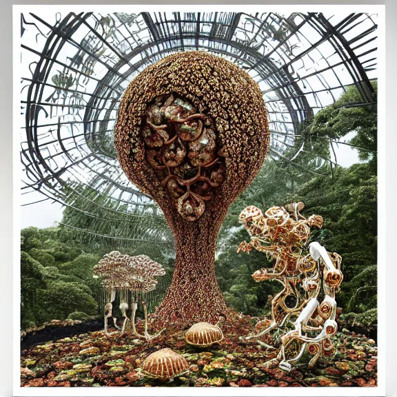 Image similar to symmetric frame from Prometheus, biomechanical gaia, by guo pei and alexander mcqueen metal couture editorial, in mycelium macro mushroom hanging garden by giger by utagawa kuniyoshi by Yuko Shimizu