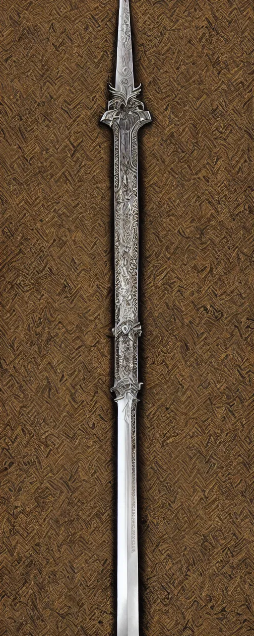 Image similar to sword of justice hanging on a wall, ornate gem in pommel, engraved blade, serrated point, herringbone floor, low angle, museum display, greg rutkowski