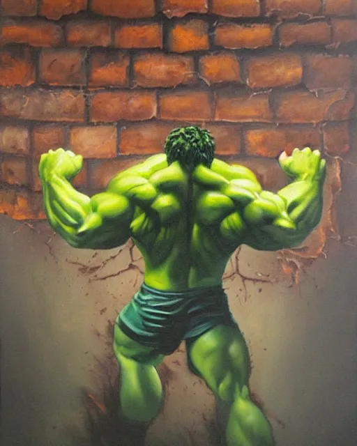 Image similar to a moody painting of the incredible hulk looking angry and breaking through a brick wall