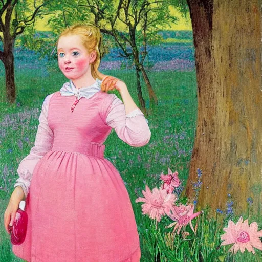 Image similar to A painting of a young girl with blonde hair, blue eyes, and a pink dress. She is standing in a meadow with flowers and trees. mac and cheese, fire, DayGlo pink by Paul Gustave Fischer, by Pieter Claesz, by Hope Gangloff
