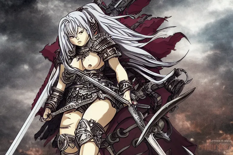 Prompt: A beautiful female warrior with a sword and shield overlooking a grand battlefield in the style of Overlord by studio madhouse and berserker by Kentaro Miura, in color, zoomed out, high angle, anime style