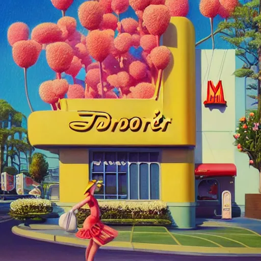 Prompt: a painting of an art deco mcdonald's surrounded by flowers, a watercolor and matte painting by beeple and rhads and mark keathley, wes anderson, cgsociety, artdeco, utopian art, retrofuturism, sci - fi, artstation hq