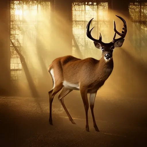 Prompt: a great deer standing majestic in a large industrial room with small windows, golden light, thick mist, backlit, insane details, hyperrealistic photo by jimmy nelson, trending on artstation