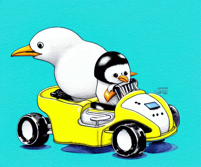 Prompt: cute and funny, penguin wearing a helmet riding in a tiny go kart with an oversized engine, ratfink style by ed roth, centered award winning watercolor pen illustration, isometric illustration by chihiro iwasaki, edited by range murata, tiny details by artgerm and watercolor girl, symmetrically isometrically centered, sharply focused