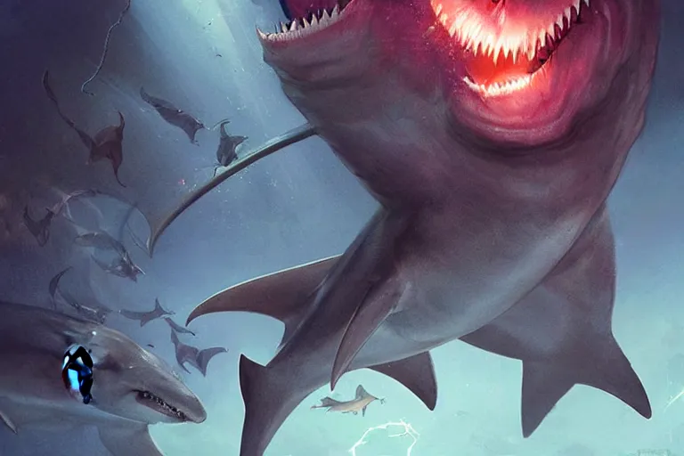 Prompt: a detailed tarot card of freaking sharks with freaking laser beams on their heads, neon outline, mouth open in a terrifying roar, 8 k, artstation, art by greg rutkowski, pixiv