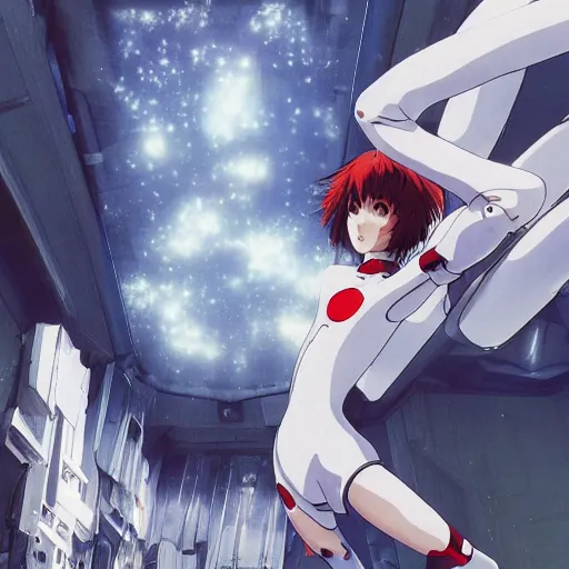 Image similar to Rei Ayanami, female anime character, inside a space station, shot from the ground by Yoshiyuki Sadamoto, digital art, trending on artstation, low level, 8K UHD image, octane render, Howl's Moving Castle, tranquil divine observer Nymph by ismail inceoglu nicola samori dragan bibin hans thoma greg rutkowski Alexandros Pyromallis Nekro Rene Margitte illustrated, official anime key media, hyper realistic vfx simulation, intricately detailed.