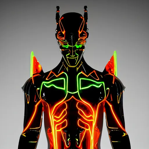 Prompt: neon-noir cybernetic devil-god, iridescent statue, full body, hyper realistic, 8k cinematic lighting, black background, magical glow, sparkly atmophere, ominous, surreal, futuristic, no long neck and double face - W 1024