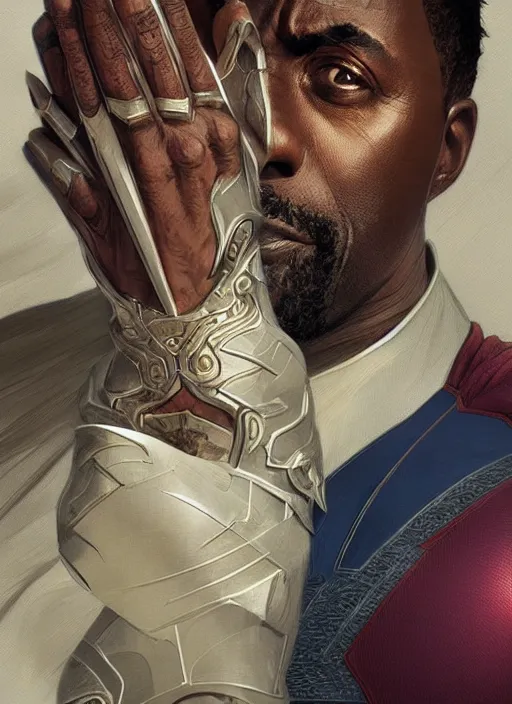 Image similar to Idris Elba as Superman, fantasy, intricate, elegant, highly detailed, digital painting, artstation, concept art, smooth, sharp focus, illustration, art by artgerm and greg rutkowski and alphonse mucha