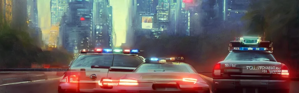 Prompt: a police car speeding down a new york road with sirens on. epic cinematic hyperrealism masterpiece. realistic poster with shaded lighting by craig mallismo, artgerm, jeremy lipkin and michael garmash, unreal engine, radiant light, detailed and complex environment, digital art, art station trends, detailed faces, detailed eyes, lens flare, motion blur, night