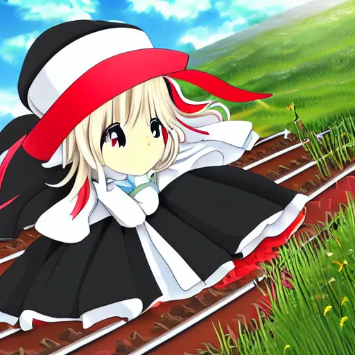 Prompt: a cute anime girl with long white hair and a round hat wearing a black and white school uniform with a red ribbon standing on the edge of a moving train in the middle of grass fields on a windy and sunny day, art by rimuu, art by fuzichoco, art by ayamy
