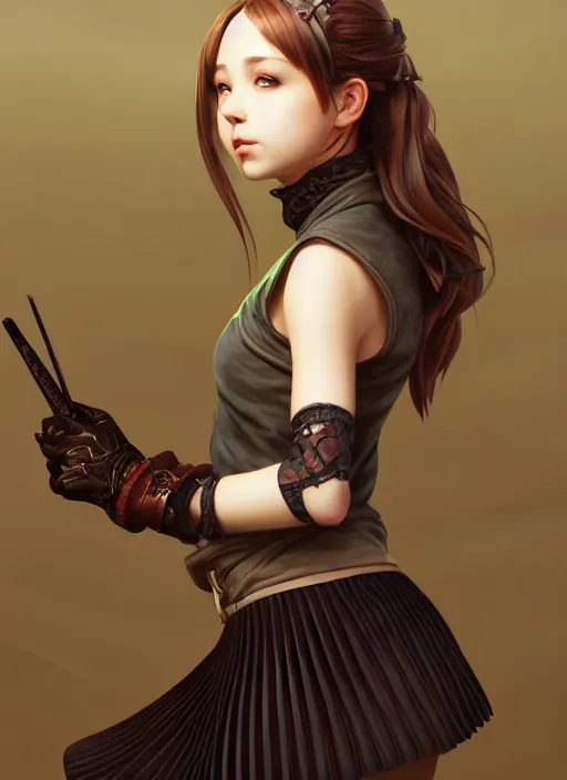 Image similar to portrait of a full body of beautiful young female detective, d & d, sleeveless turtleneck, pleated skirt, fantasy, flat lighting, intricate, highly detailed, digital painting, artstation, concept art, smooth, sharp focus, illustration, misa amane, art by simon bisley and greg rutkowski and alphonse mucha, natural tpose