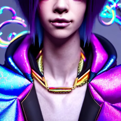 Image similar to hyperdetailed portrait of a stunningly beautiful cyberpunk girlfriend androgynous wizard made of iridescent metals and shiny pink gems, bright rainbow nimbus, gold necklace, gold background inspired by ross tran and masamune shirow and kuvshinov, intricate, photorealistic, octane render, rtx, hdr, unreal engine, dnd digital art by artgerm