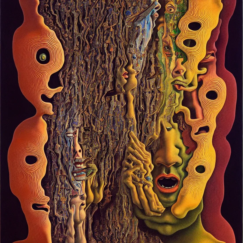 Image similar to a face coming out of a face coming out of a face coming out of a face, recursion, fractals, surreal, by salvador dali and mc escher and max ernst, oil on canvas, weird, dreams, fantasy, intricate details, soft lighting, warm colors