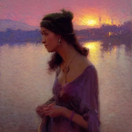 Image similar to elegant woman by the river, sunset, detailed face, correct face, painting by Gaston Bussiere, Craig Mullins