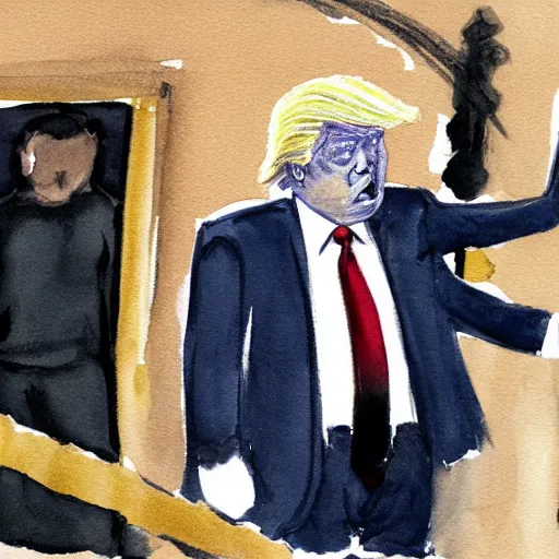 Prompt: donald trump being escorted out of his mansion in handcuffs by the fbi. watercolor