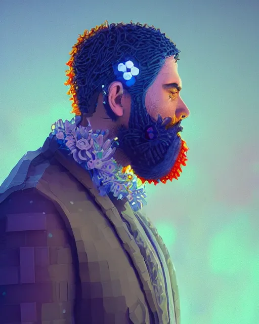 Image similar to a realistic ultradetailed digital painting of a man with flowers in his beard, profile, cyberpunk art by beeple, behance contest winner, retrofuturism, voxel art, # pixelart!!