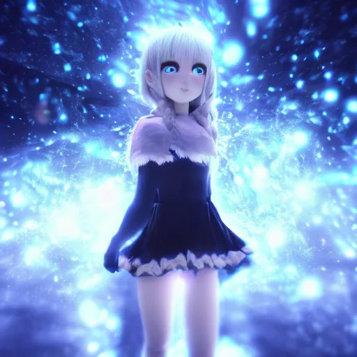 Image similar to photorealistic full shot of masterpiece anime girl, beautifull lovely eyes, posing, electric aura with particles, snowing frozen ice, darkness background, inspired by masami kurumada, akira toriyama, detailed, unreal engine 4 k, volumetric light, fog