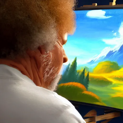 Image similar to a closeup photorealistic photograph of bob ross working on a canvas painting sonic the hedgehog. film still. brightly lit scene. mountains and trees. this 4 k hd image is trending on artstation, featured on behance, well - rendered, extra crisp, features intricate detail, epic composition and the style of unreal engine.