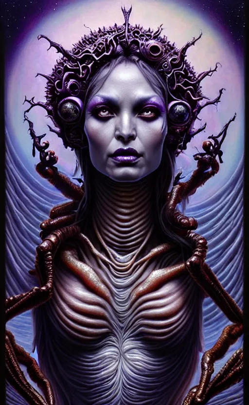 Prompt: A beautiful detailed alien goddess woman with 6 arms super dark tarot card, gorgeous model face by Stanley Artgerm, by tomasz alen kopera and Justin Gerard, 4 eyes, beautiful symmetrical features, ominous, magical realism, melting, texture, intricate, ornate, royally decorated, melting, whirling smoke, embers, purple adornments, blue torn fabric, radiant colors, fantasy, trending on artstation, volumetric lighting, micro details, 3d sculpture, ray tracing, 8k, anaglyph effect