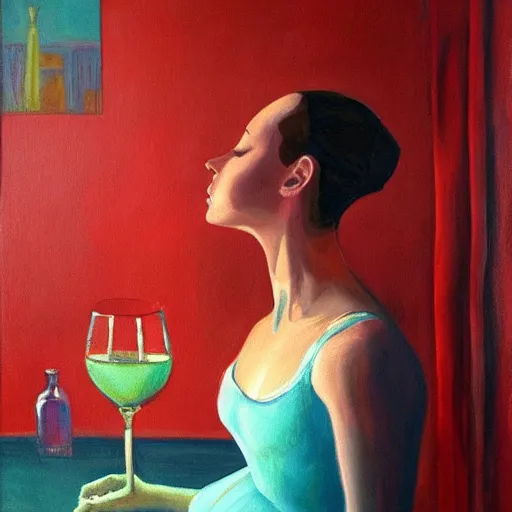 Image similar to painting of a ballerina drinking wine in a teal room, red background