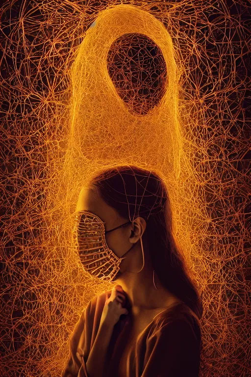 Prompt: wide angle portrait of a woman wearing a mask over her mouth made out of golden intricate wire, weaving the strings of the multiverse, dramatic, moody, backlight, photoreal, intricate complexity, manga styling, octane render