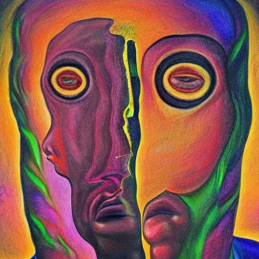 Image similar to a surreal painting of a golden faceless man during in a ayahuasca hallucination