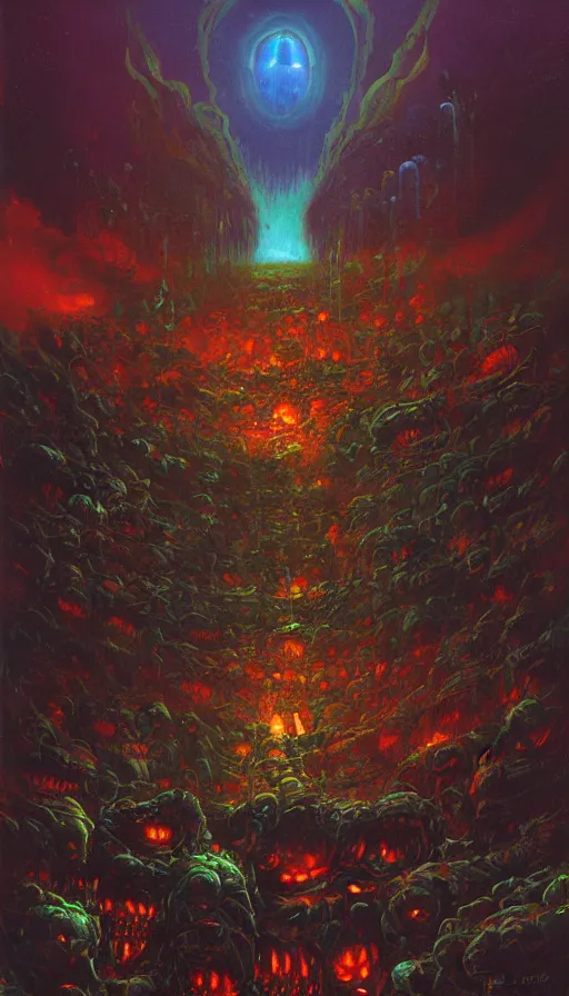 Image similar to a storm vortex made of many demonic eyes and teeth, by paul lehr,