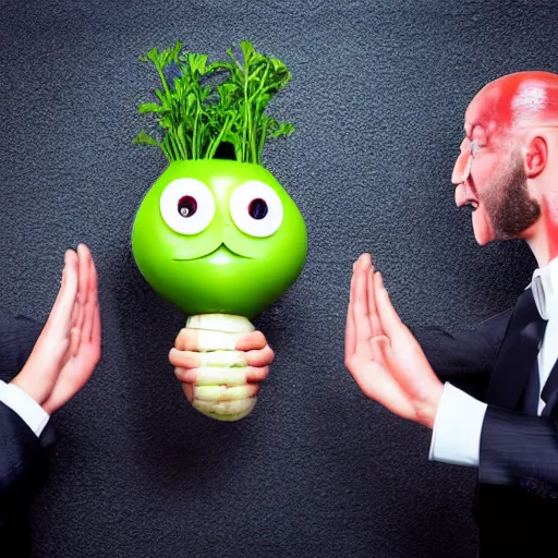 Image similar to hilarious stock photo of a radish with a face wearing a suit on a man's body, high fiving another person's face