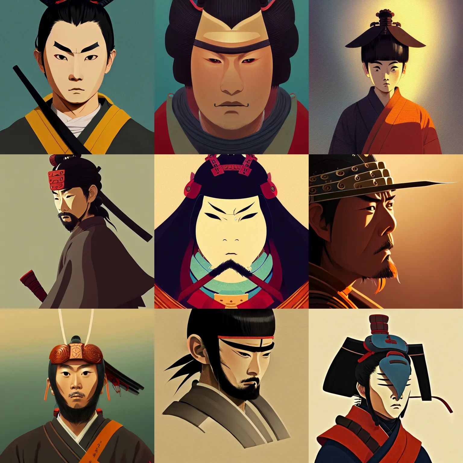 Prompt: portrait of samurai warrior, artstation, elegant, highly detailed, digital painting, concept art, smooth, sharp focus, illustration, art by studio ghibli, fujita goro, atey ghailan, tom whalen, jean giraud 8 k