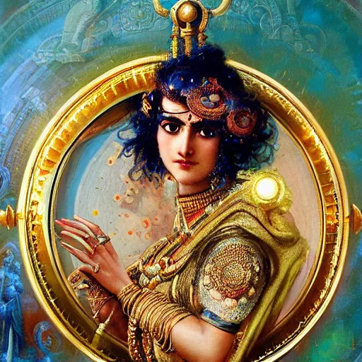 Image similar to detailed potrait of hindu traditional woman with high - tech steam punk clock face armour, girl graceful,, painting by gaston bussiere, craig mullins, j. c. leyendecker, lights, art by ernst haeckel, john william godward, hammershøi,,