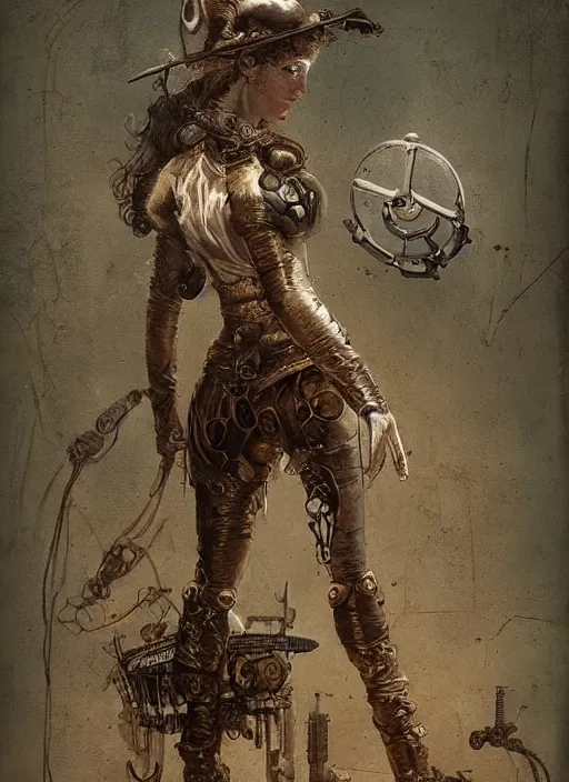 Image similar to highly detailed steampunk woman standing on a mechanism : leonardo da vinci, greg rutkowski, magali villeneuve