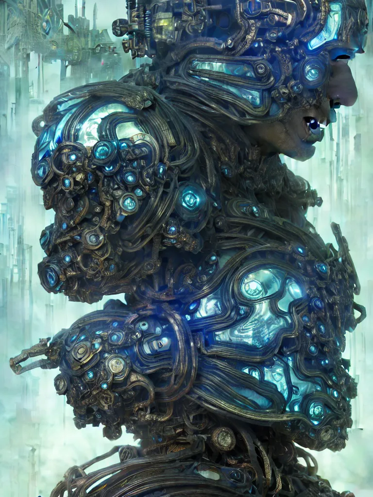 Image similar to asura from chinese myth, ghost, gorgeous and huge head ornaments, dystopian, cyberpunk, organic fractal mycelum and fungi, mecha, halfturn portrait of a big crystal face made of crystals half - turn, ominous, intricate, studio, art by anthony macbain + greg rutkowski + alphonse mucha, concept art, 4 k, sharp focus