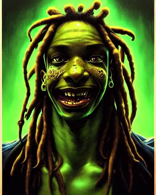 Image similar to lucio from overwatch, dreadlocks, frog like, character portrait, portrait, close up, concept art, intricate details, highly detailed, horror poster, horror, vintage horror art, realistic, terrifying, in the style of michael whelan, beksinski, and gustave dore