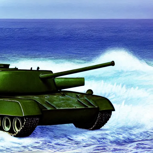 Image similar to a T-34 emerging from Ocean waves, hyperrealistic, Nature photography