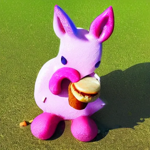 Image similar to a pretty pink unicorn character eating a little hamburger on the ground in a soccer field | digital art | very high quality | very detailed | totally awesome | very cute | horselike | eating a hamburger