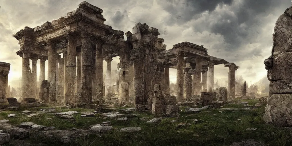 Image similar to ancient ruins, fantasy apocalypse, dystopian, digital art, 4 k