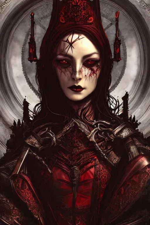 Image similar to beautiful luxury and gothic and victorian and evil medieval female reddish and black color armor knight portrait+smoky eyes+light flowing hair, in ruin gothic cathedral, ultradetail face, art and illustration by tian zi and craig mullins and WLOP and alphonse mucha, fantasy, intricate complexity, human structure, fantasy world concept, watermark, blurry, hyperrealism 8k