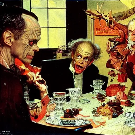 Prompt: brad dourif summons demon to liven up a dinner party, painted by norman rockwell and tom lovell and frank schoonover