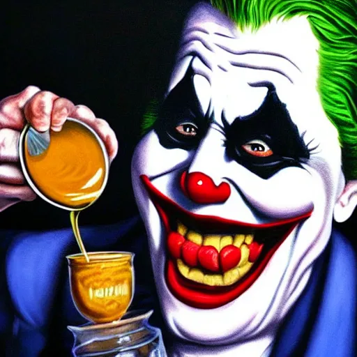 Prompt: painting of the morbidly obese joker drinking a jar of gravy, 8k, very intricate, very detailed, cinematic,