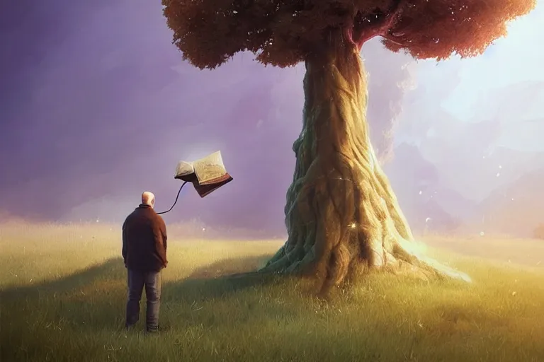 Prompt: a middle aged man stands next to a tree, holding a book open, sunlight reflects from his bald head, digital art, illustration, realistic, 3 d art, illustration, picture, fantasy art, illustration, illustrated by greg rutkowski, and anton fadeev, detailed!!