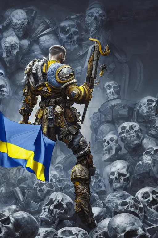 Image similar to a distant shot from behind of a Ukrainian super soldier with blue and yellow flag behind him standing alone on a huge pile of skulls as a winner, masculine muscular figure, D&D, fantasy, intricate, elegant, highly detailed, extremely detailed, rim lighting, octane render, 8k, digital painting, artstation, concept art, matte, sharp focus, symmetrical, illustration, art by Artgerm and Greg Rutkowski and Alphonse Mucha