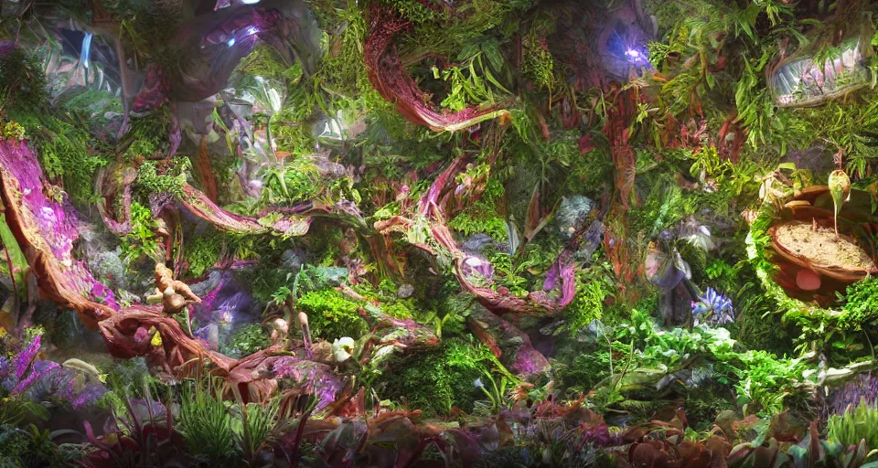 Prompt: a museum exhibition of all of the weird and wonderful plants an creatures from other planets, museum, exhibition, alien plant life, spiraling, vibrant scene, steps, flowers, beautiful, volumetric lighting, environment concept, hyper realistic, 8 k render, unreal engine 5 render