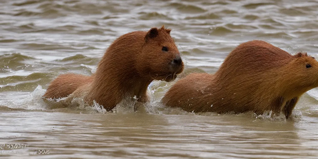 Prompt: a photograph of a capybara storming the beaches of normandy, 1 9 4 4 colorized, dramatic scene, explosions all around